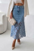 Women's Pattern Hollow Splicing Elegant Casual Denim Half Skirt