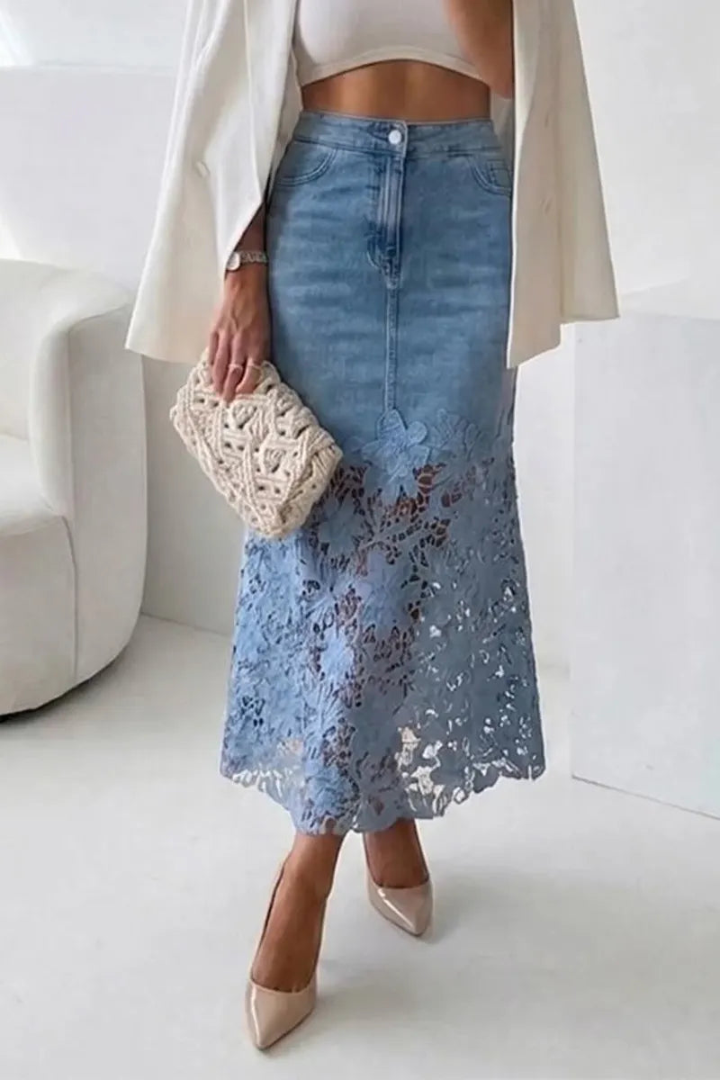 Women's Pattern Hollow Splicing Elegant Casual Denim Half Skirt