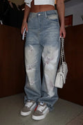 Women Washed White Dove Print Scratch Casual Denim Wide Leg Pants