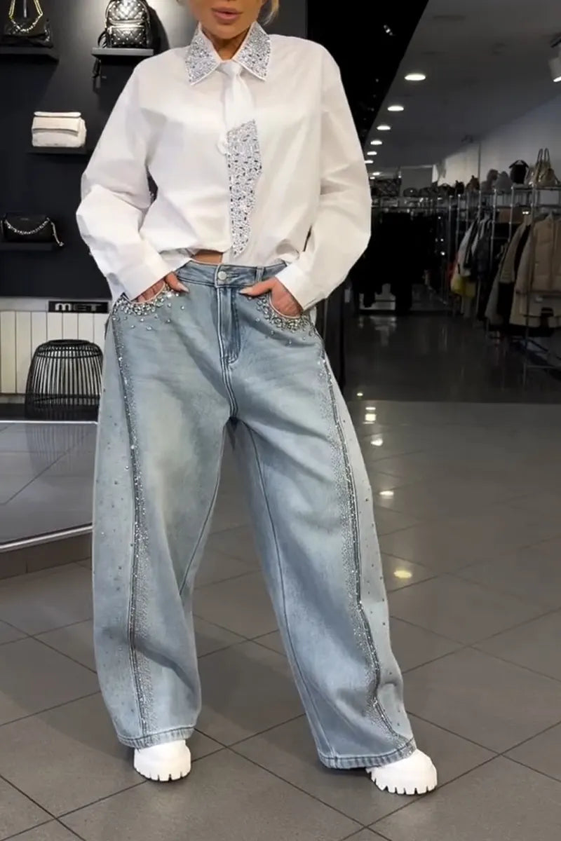 Women's Fashion Gradient Rhinestone Loose Jeans