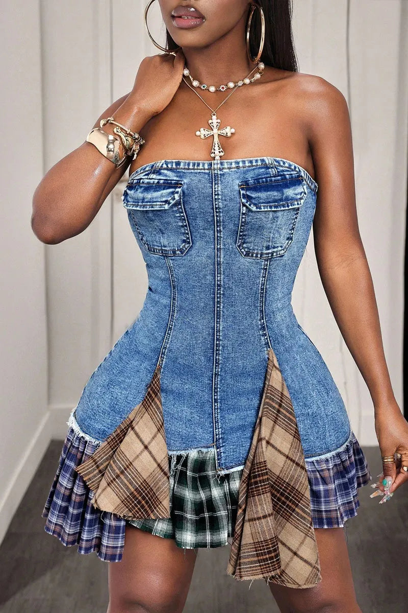 Women's Denim Plaid Patchwork Strapless Mini Dress