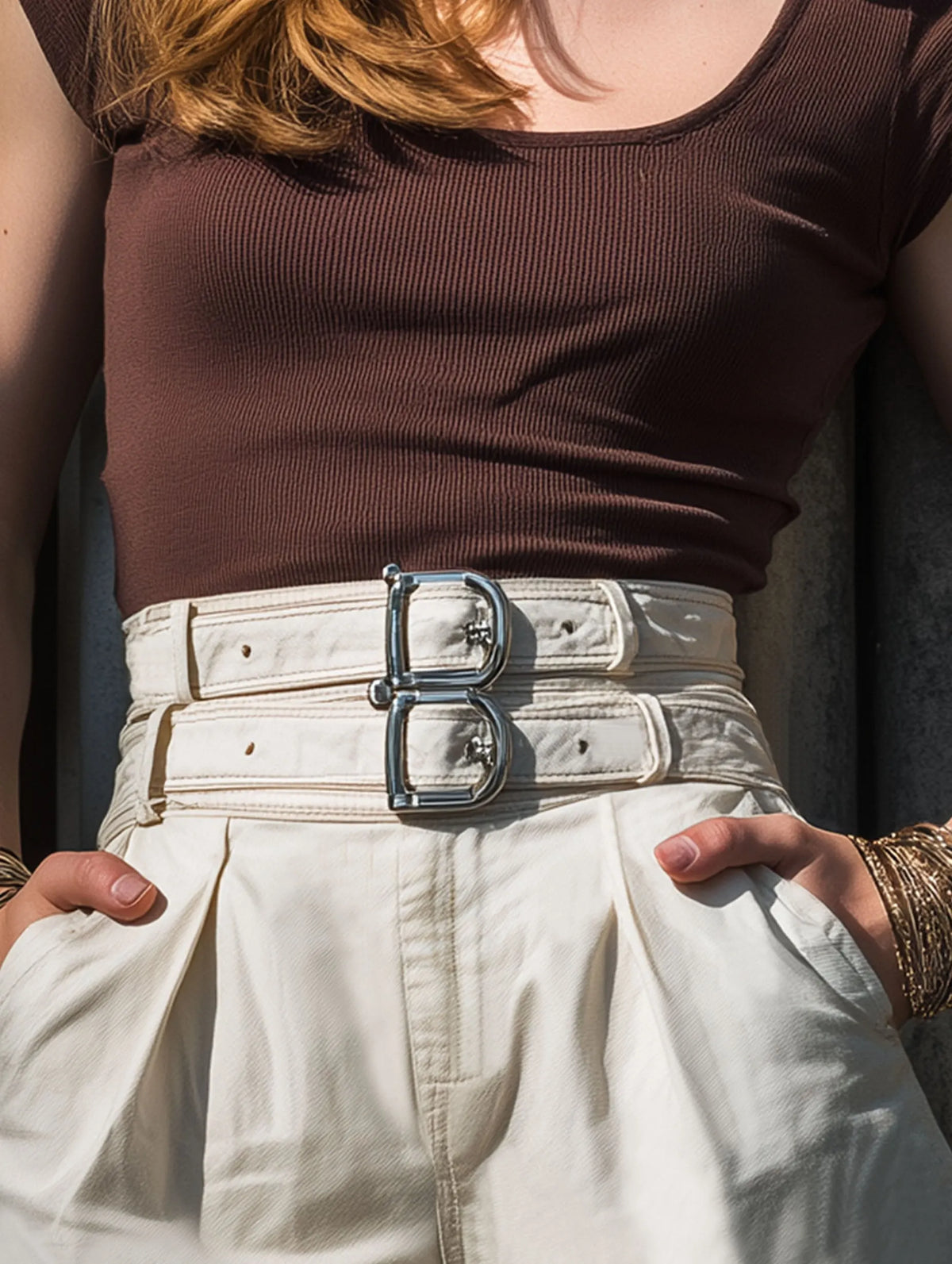 Resort-Style Double-Belted Beige Denim Shorts