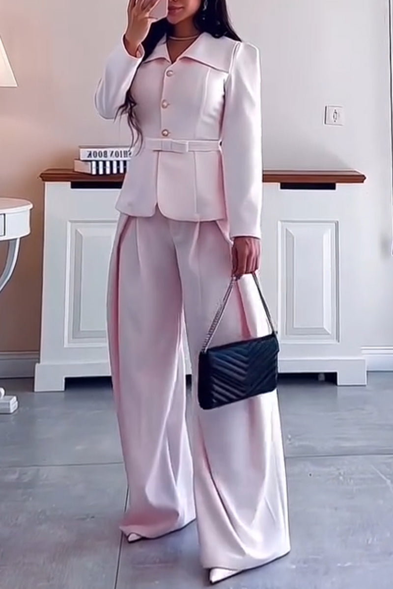 Women's Collar and Waist Cinching Jacket+ Wide Leg Pants Temperament Commuting Formal Suit