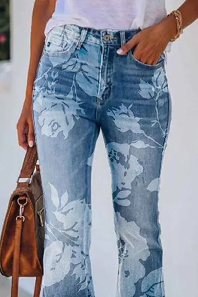 Women Vintage Floral Print High Waist Flare Denim Jeans