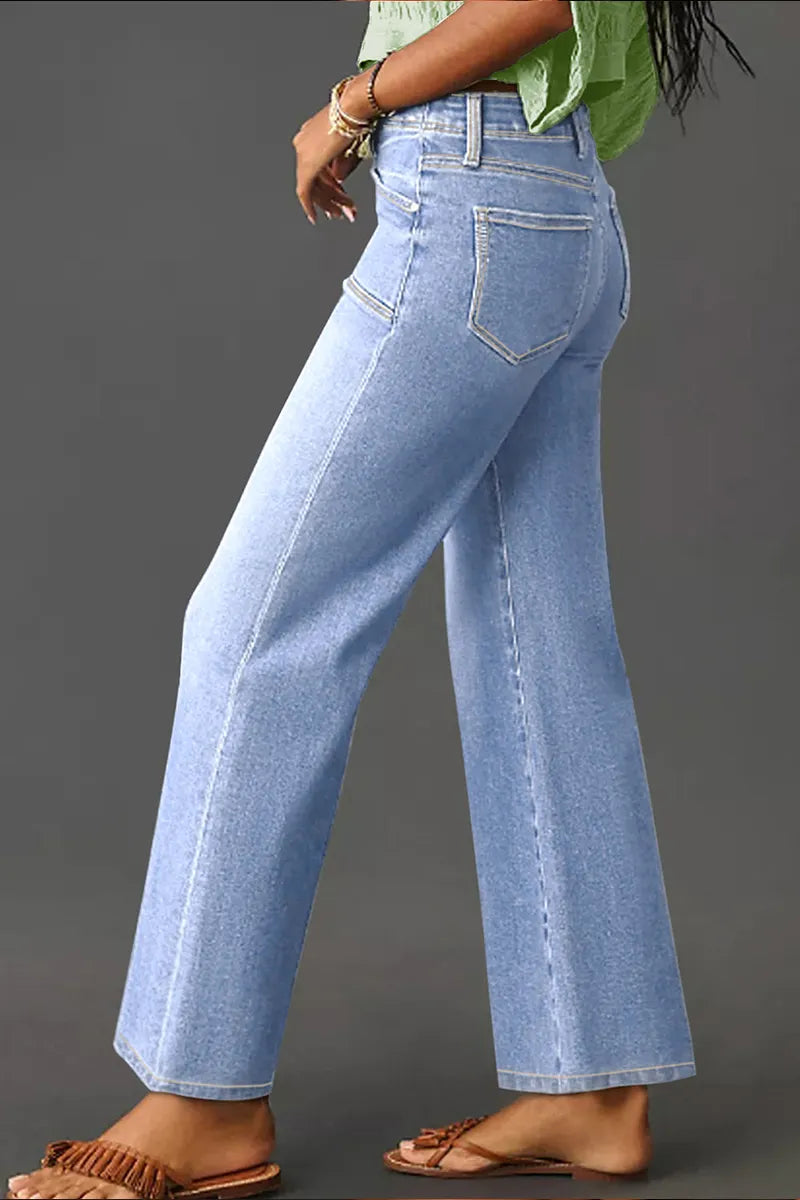 Ladies' Fashionable And Casual Loose Straight Leg Short High Waisted Jeans