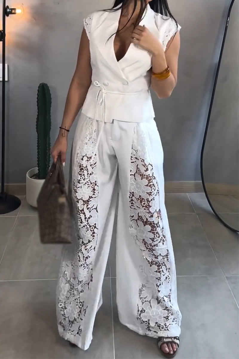 Women's Collar Jacket+ Pattern Cut-out Splicing Wide Leg Pants Elegant Temperament Set