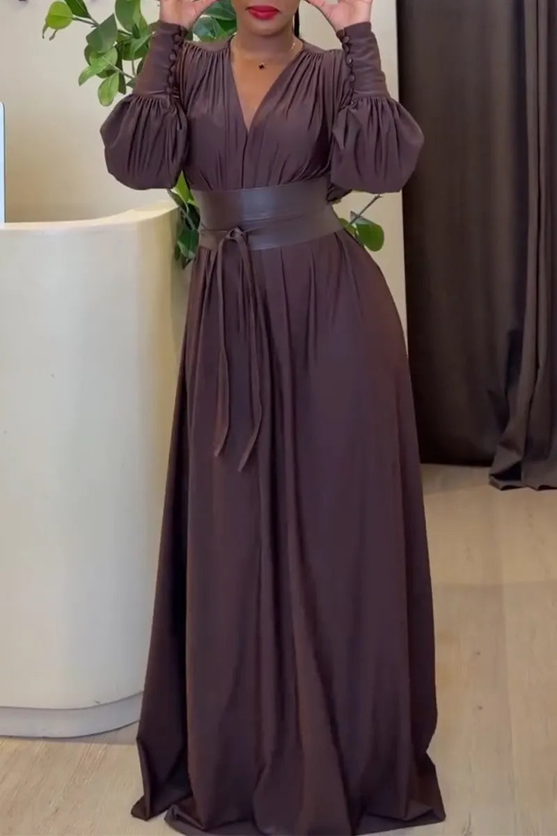 Women V-neck Waist Cinched Elegant Temperament Dress