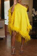 Women's Fashion Asymmetric Neckline Batwing Feather Hem Midi Dress
