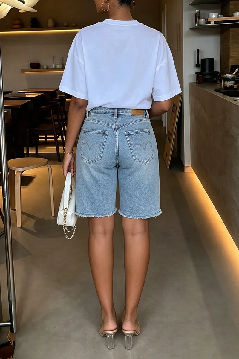 Women's Casual Embroidery Beads Wash Asymmetric Hem Short Jeans