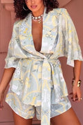 Women Collar Printed Shirt + Shorts Vacation Casual Style Set
