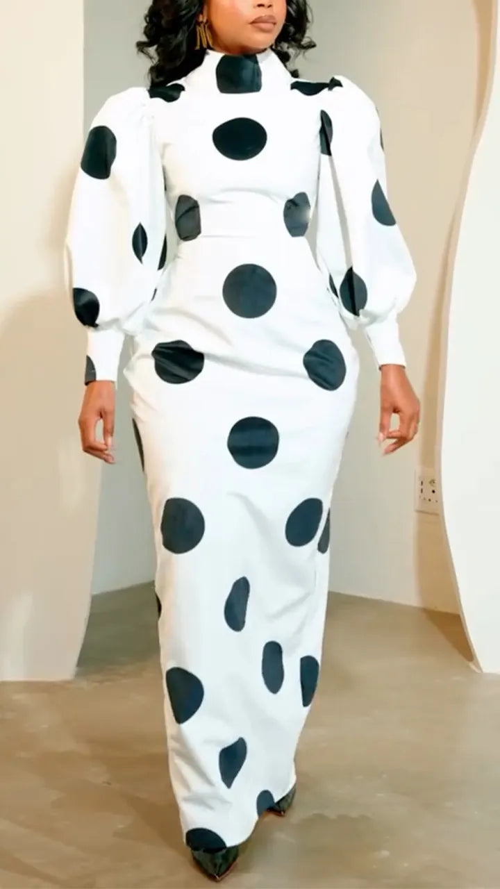 Women Round Neck Polka Dot Slim Fit Elegant Style Dress
