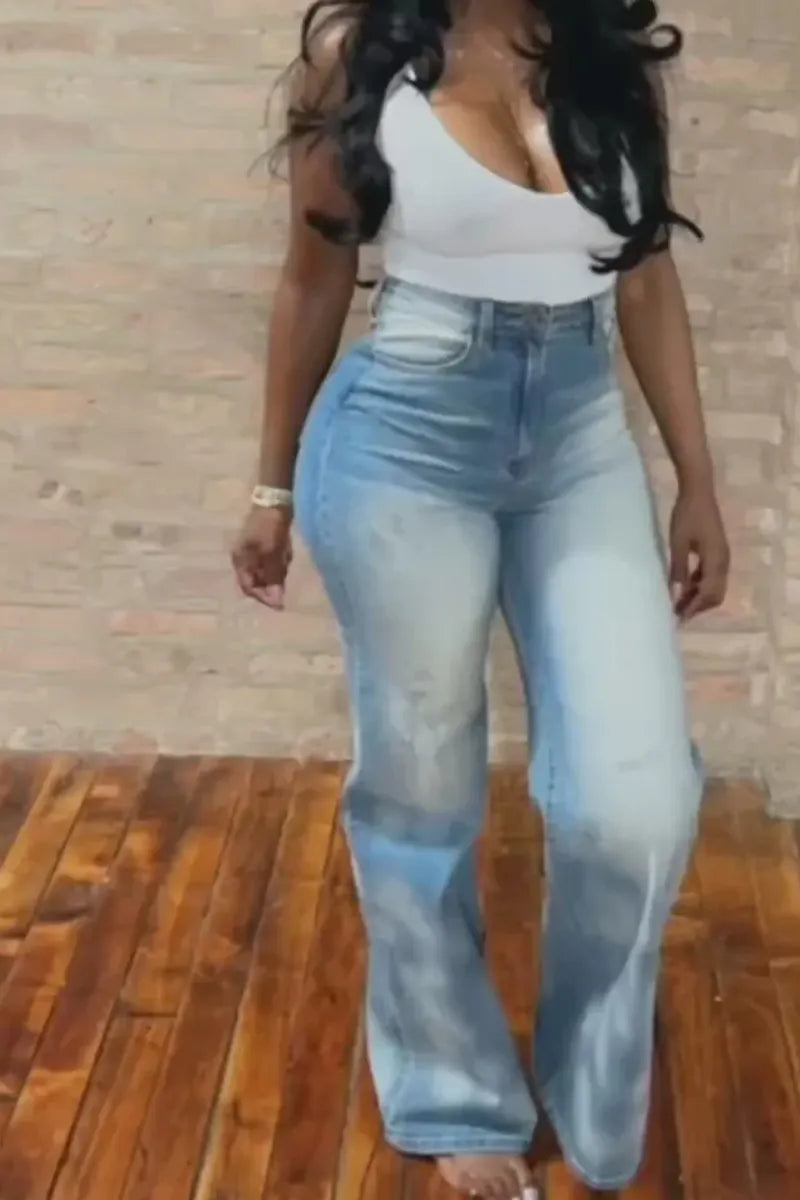 Women Ombre Bleach Spot Washed High Waist Slim Bootcut Full Length Denim Jeans
