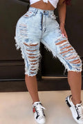 Ladies' Street Fashion Casual Solid Color Perforated High Waisted Tight Denim Shorts