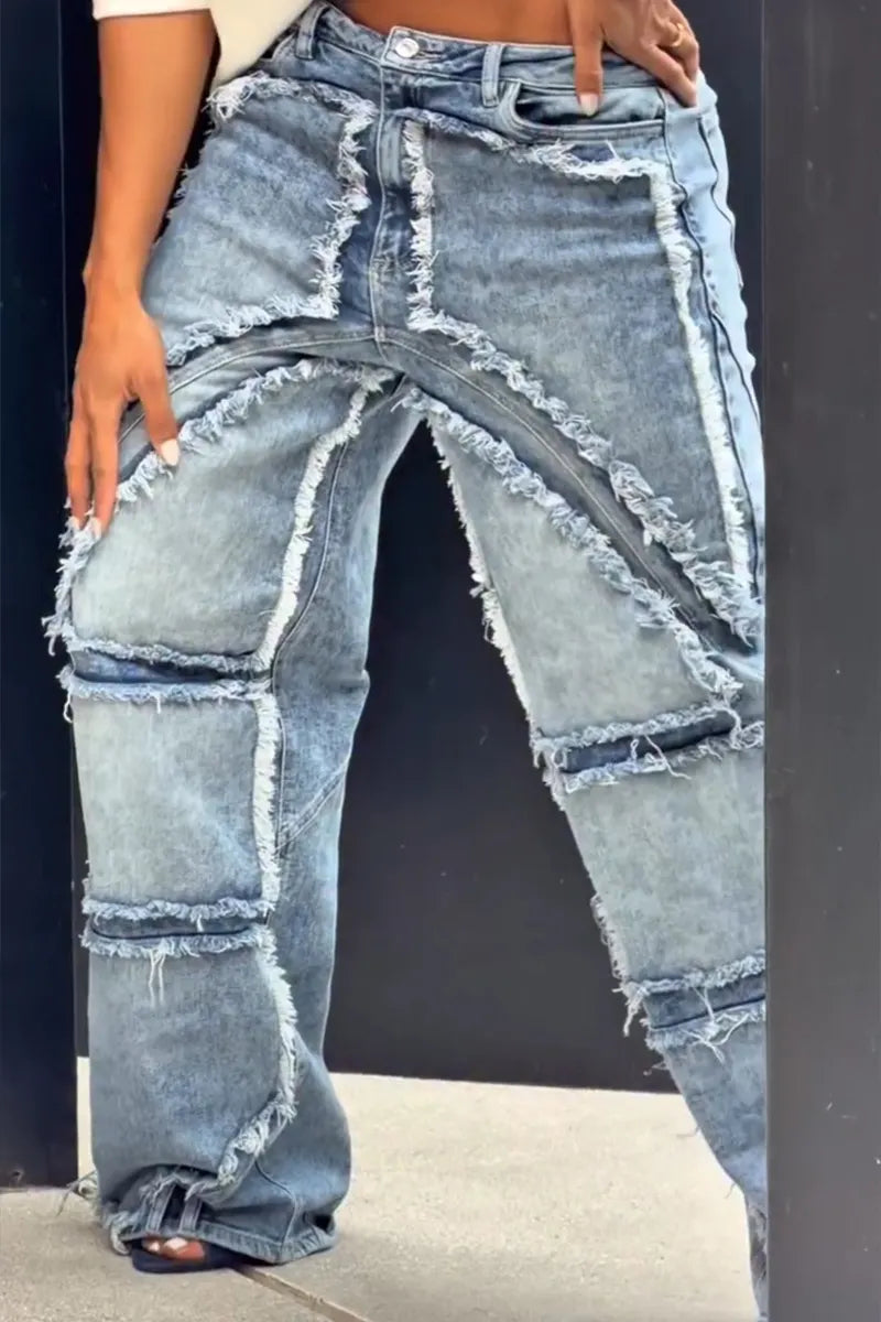 Women's Designer Panel Denim Washed Raw Hem Wide Leg Jeans