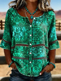 Women's Green Retro Print Casual Hollow-out Denim Shirt
