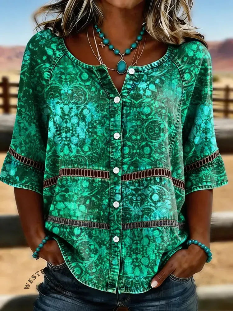 Women's Green Retro Print Casual Hollow-out Denim Shirt