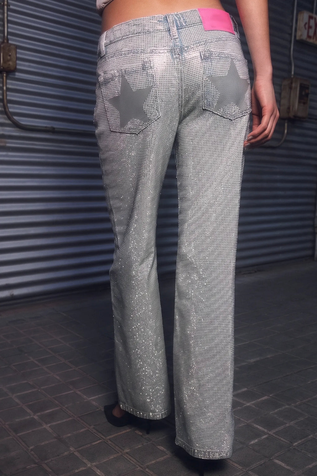 Women's Fashion Sparkling Rhinestone Star Pattern Patch Jeans