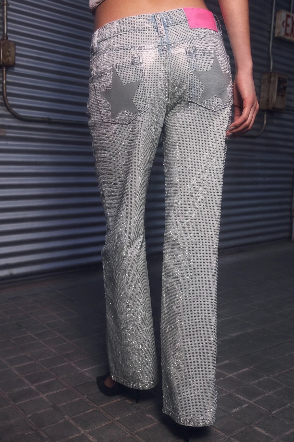 Women's Fashion Sparkling Rhinestone Star Pattern Patch Jeans