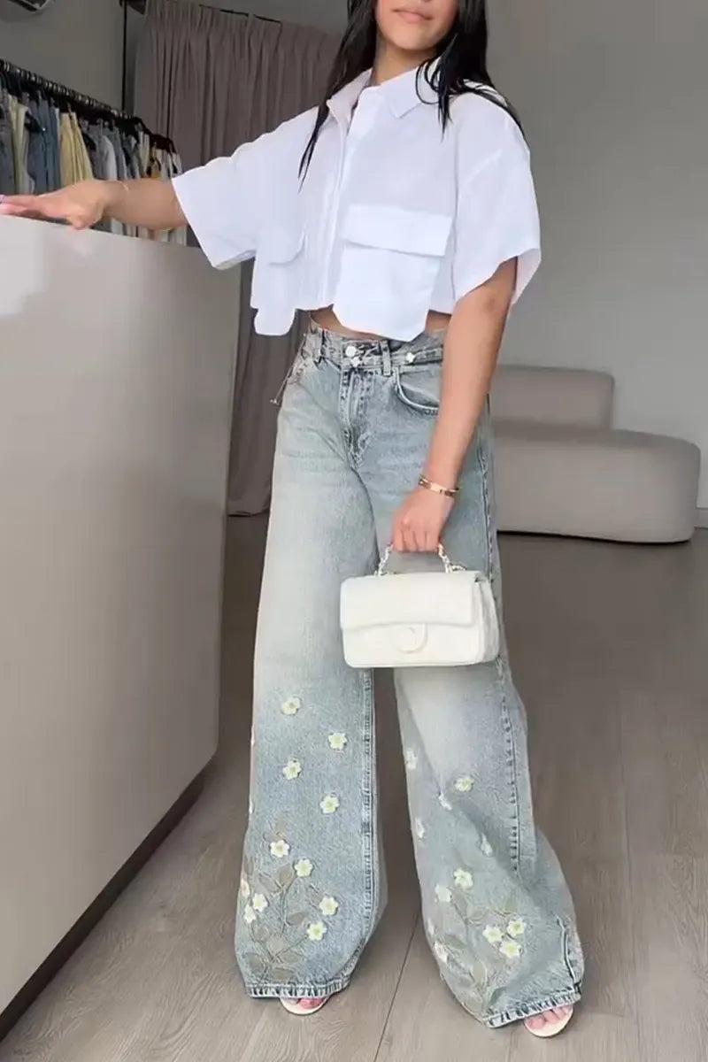 Women's Casual Print Decor Distressed Wash Wide Leg Jeans
