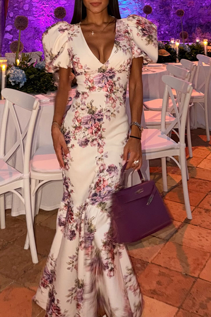 Women's Elegant Floral Print Puff Sleeve Mermaid Hem Maxi Dress