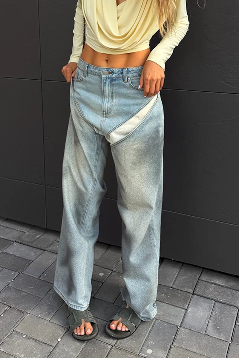 Women's Fashion Cutout Panel Wide Leg Jeans
