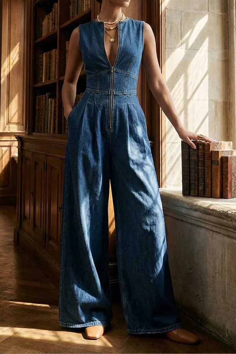 Women's High-Waisted Denim Jumpsuit with Corset Seams & Raw Hem
