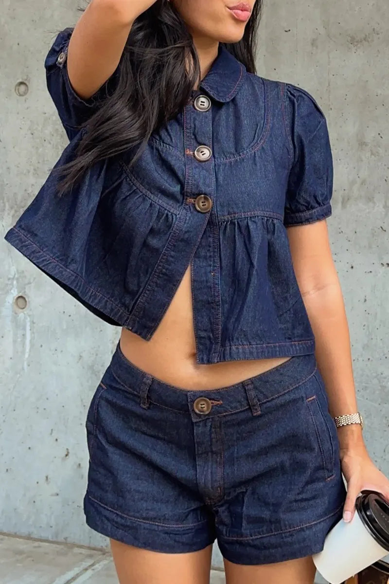 Women's Casual Button Front Denim Top With Puff Sleeves Or Denim Shorts