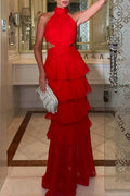 Women's Elegant Tiered Ruffle Hem Long Gown Dress