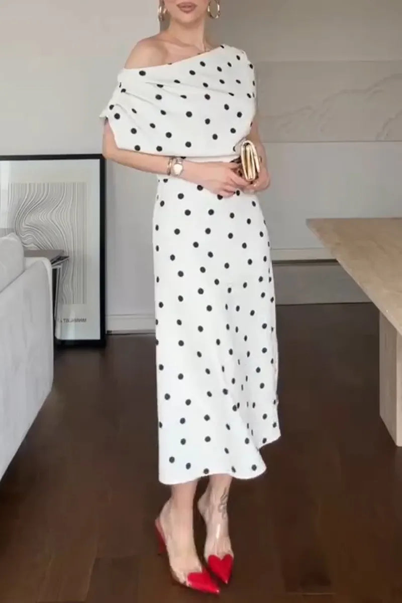 Women's Urban Commuter Asymmetric Neckline Polka Dot Midi Dress