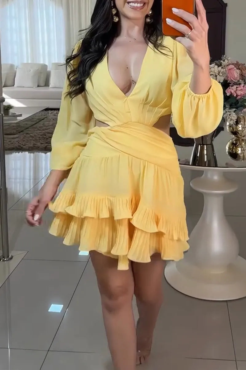 Women's Elegant Puff Sleeve Waist Cut-Out Tiered Hem Mini Dress