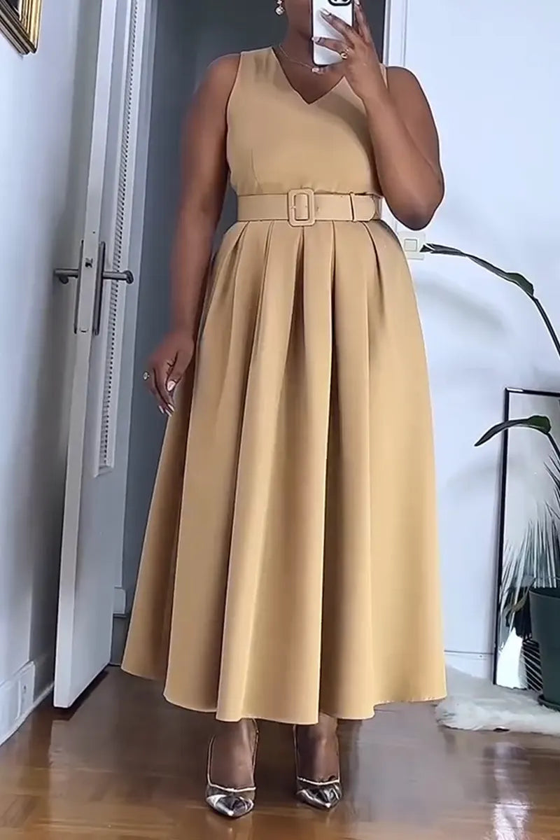 Women's V-neck Sleeveless Waist Cinched Dress or Lapel Short Jacket