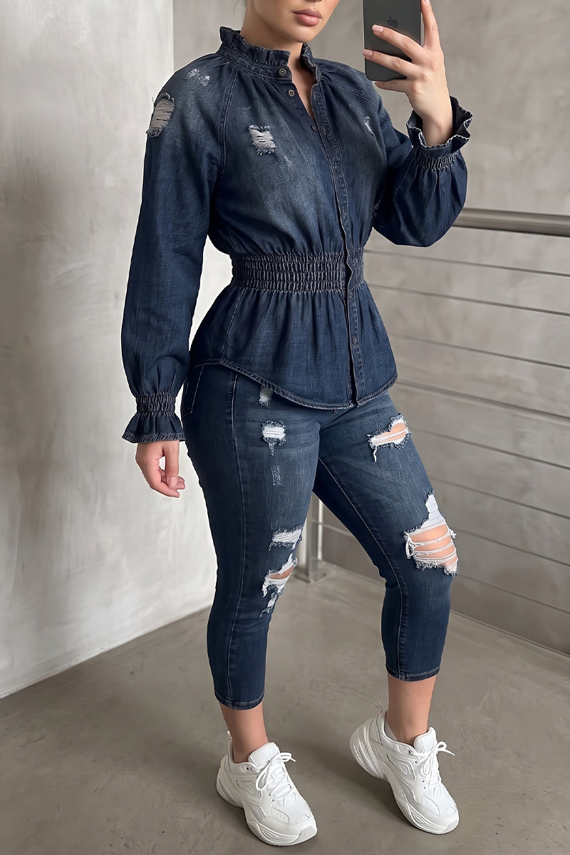 Women's 2 Piece Denim Outfits Long Sleeve Smocked Waist Ruffled Jean Shirt and Ripped Skinny Pants Set Casual Streetwear