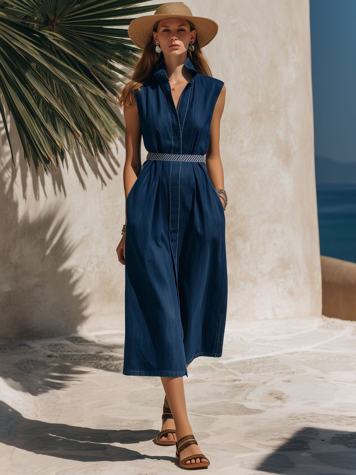 Resort-Style Blue Denim Sleeveless V-Neck Color-Blocked Belted Midi Dress