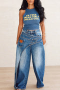 Women's Casual Faux Two-Piece Overlap Wide Leg Jeans