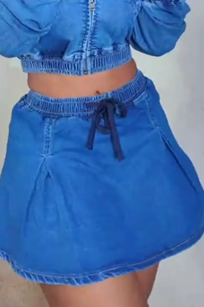 Women's Casual Long Sleeve Cropped Denim Jacket With Elastic Hem or Short Denim Skirt