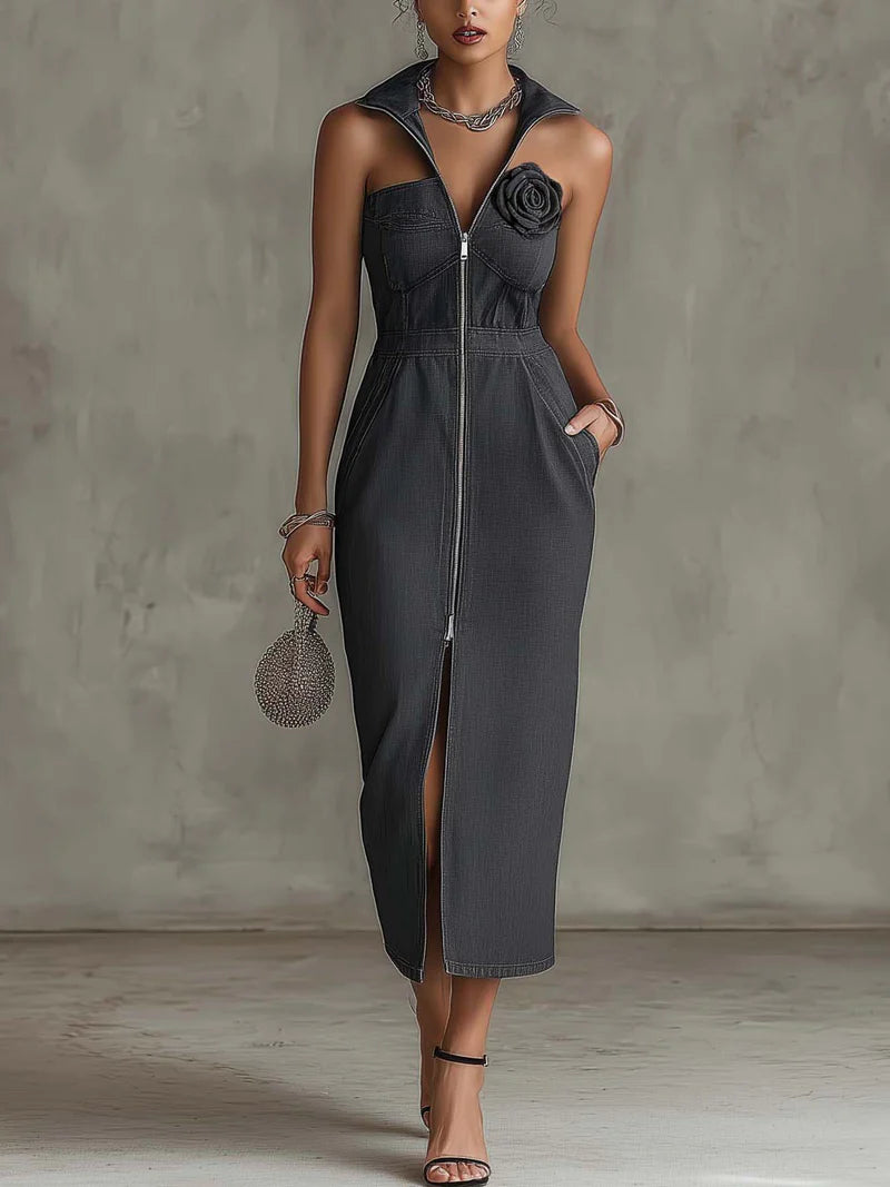 Slim-fit Denim Dress With Lapel Collar, Zipper, Halter Strap, 3d Floral Accents, And Side Slit