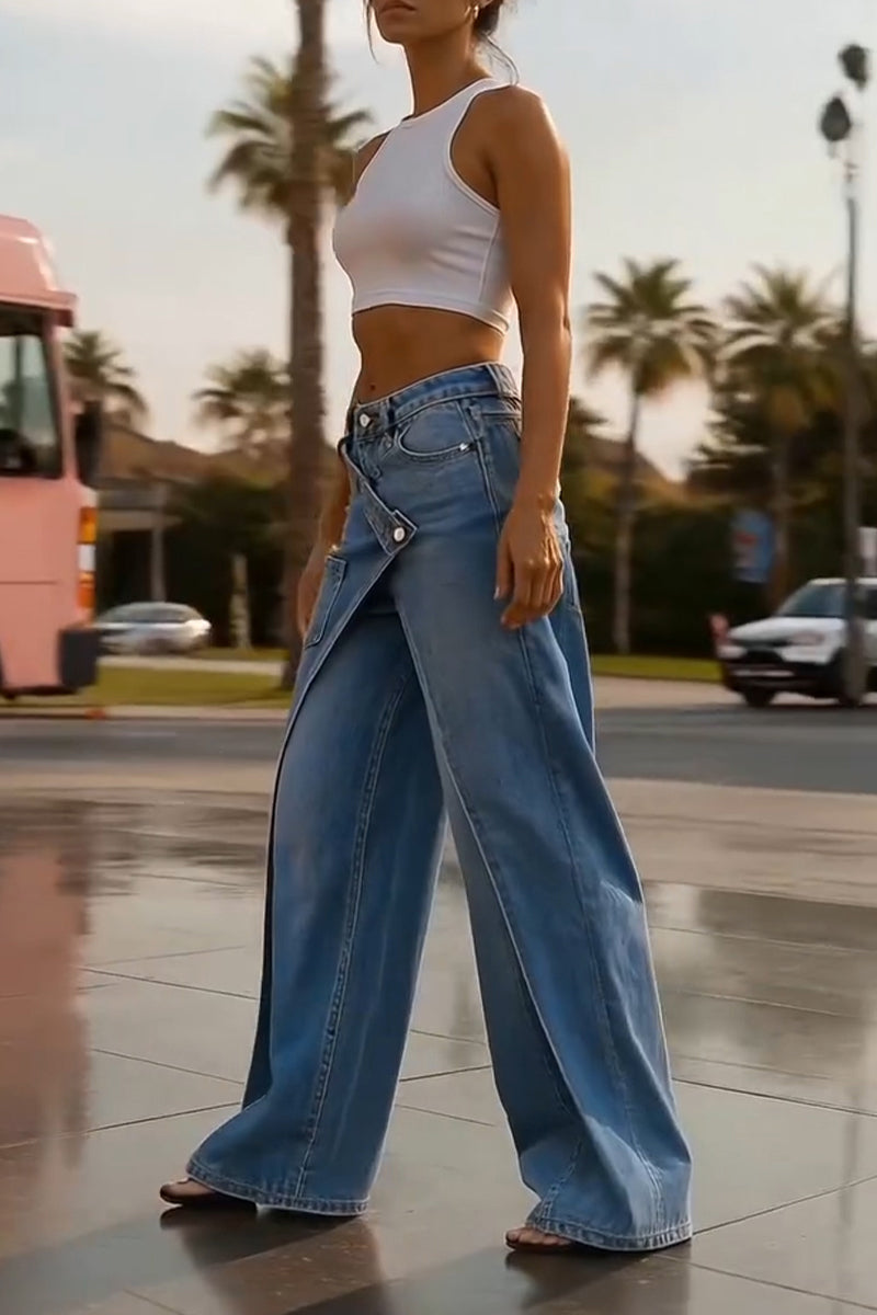 Women's Fashion Asymmetrical Overlapping Faux Two-piece Jeans