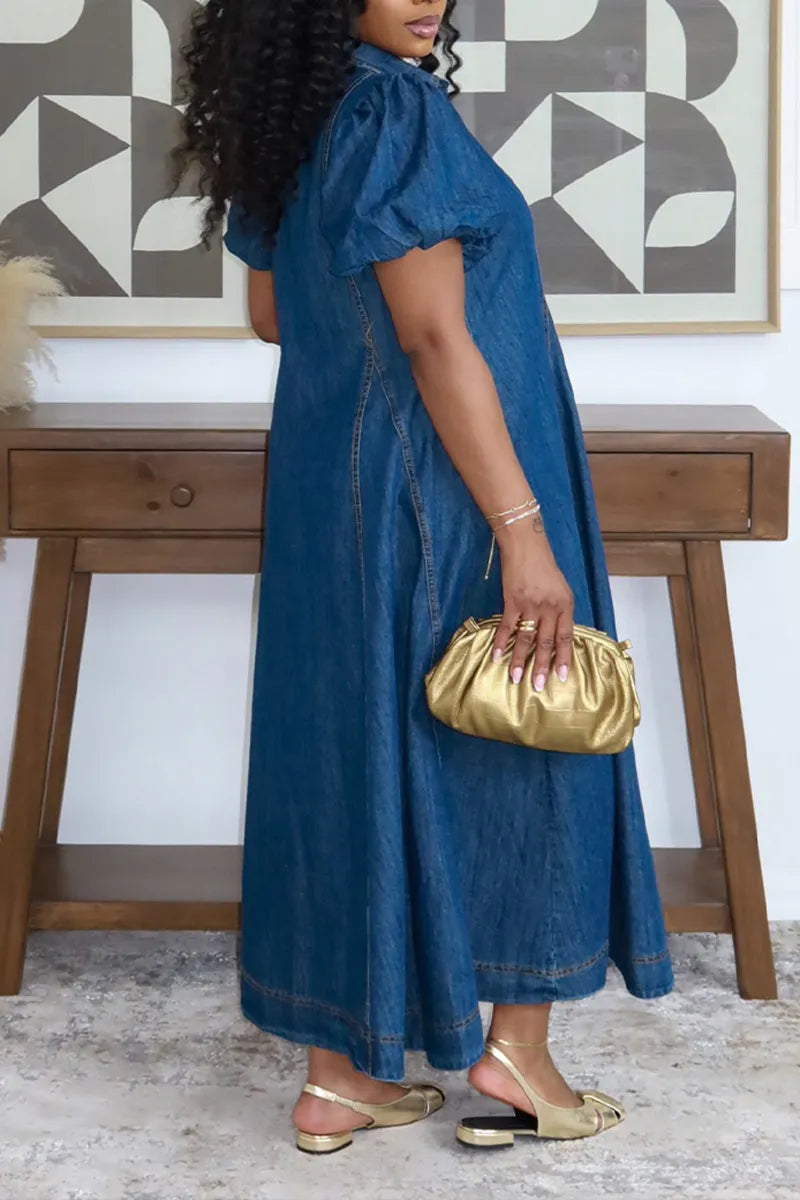 Women's Casual Lapel Puff Sleeve Loose Denim Maxi Dress