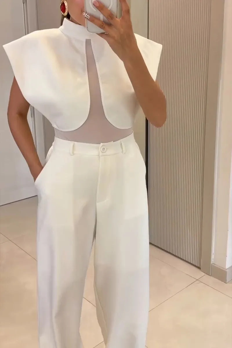 Women's Fashion Mesh Patchwork Wide Shoulder Vest Pants Two-Piece Set
