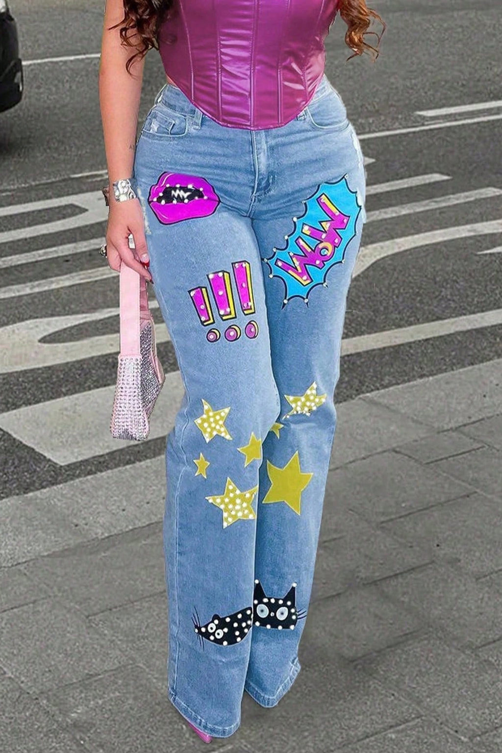 Women's Casual Printed Wide Leg Jeans