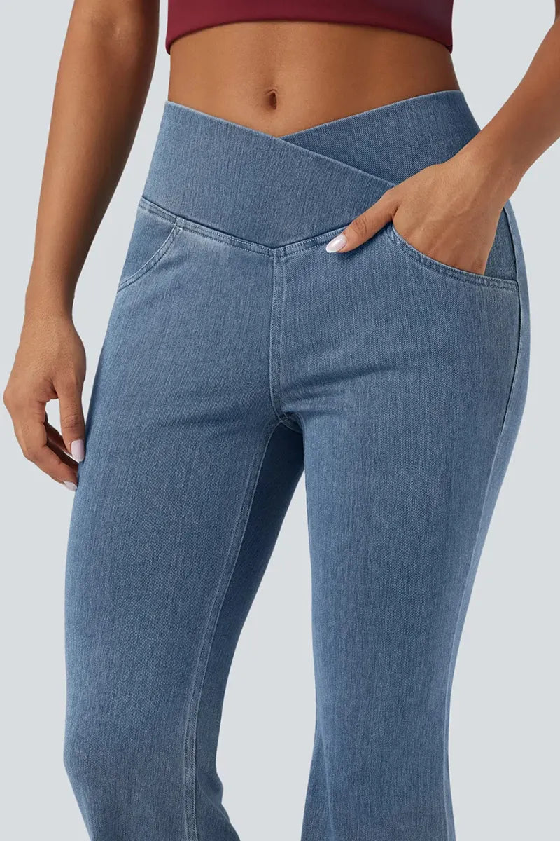 Women's High Waist Cross Over Flared Jeans With Elegant Draping