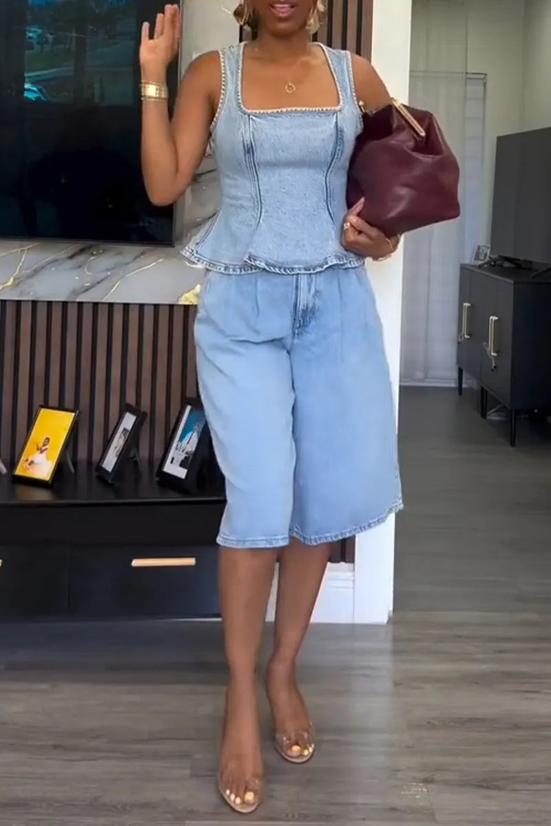 Women's Elegant Square Neck Denim Vest or Cropped Jeans