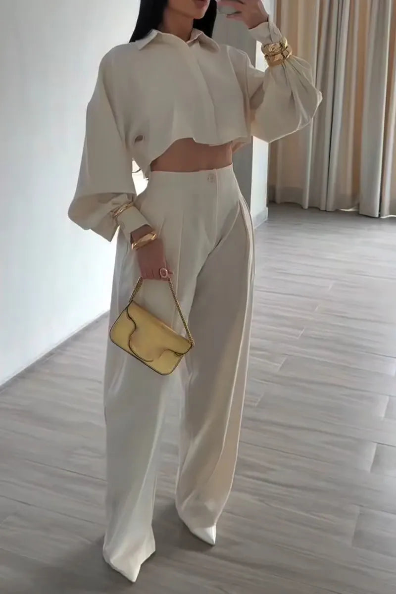 Women's Collar Top+ Pants Solid Color Elegant Casual Suit