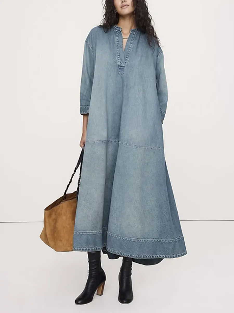 Women's Retro Stylish Casual Denim Popover Shirt Dress