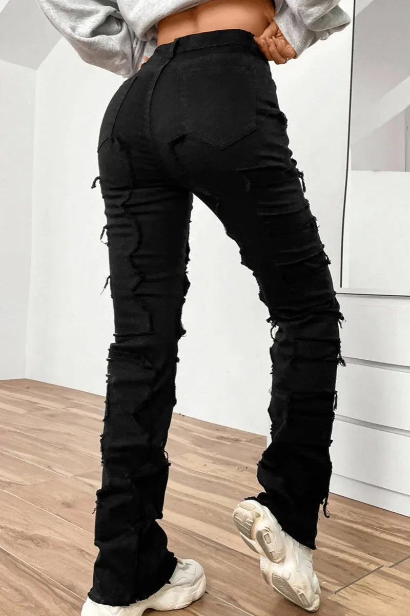 Women's Street Style Distressed Raw Hem Layered Patchwork Jeans