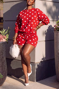 Women's Casual Crew Neck Long Sleeve Top Short Polka Dot Two-Piece Set