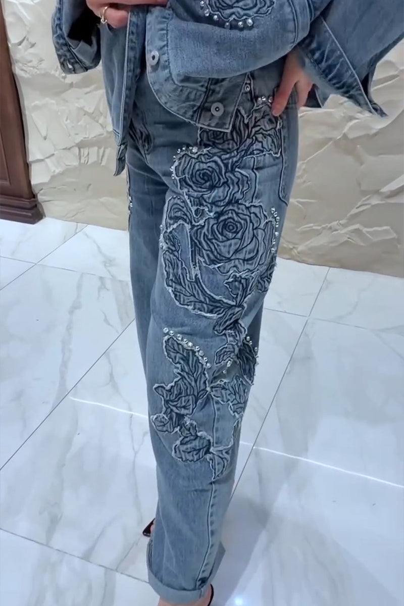 Women's Casual Embroidery Rhinestone Decoration Denim Jacket or Jeans