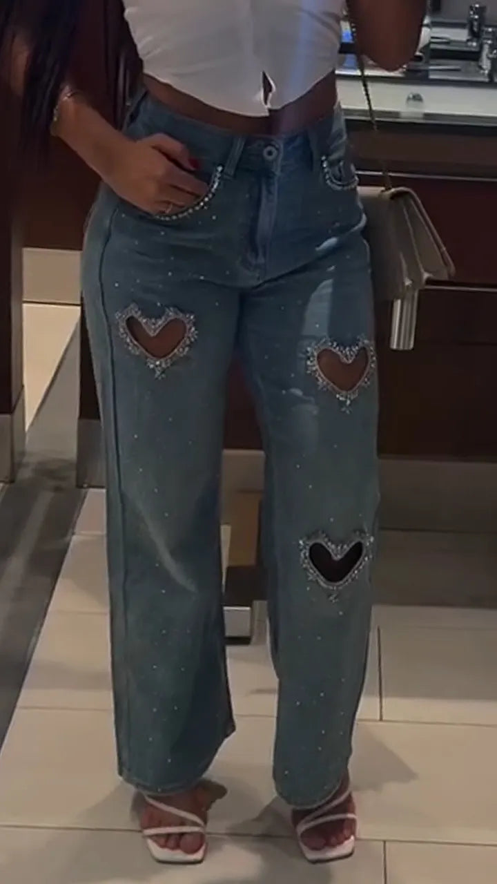 Women Heart-shaped Hollow Hot Diamond Washed Casual Jeans