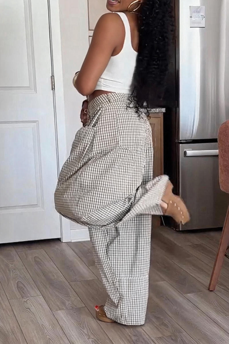 Women's Casual Plaid Versatile Wide Leg Pants