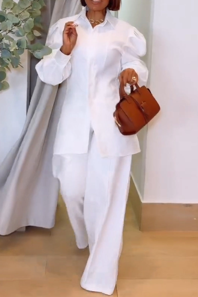 Women's Casual Leg of Mutton Sleeve Shirt Wide Leg Pants Two-Piece Set